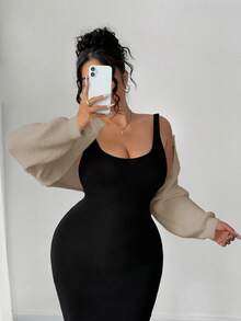 Elenzga 大码短款蓬松优雅甜美薄款开衫 - 卡其色 - 查看 3