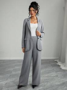 SHEIN 休闲舒适纯色外套和裤子孕妇套装 - 灰色 - 查看 4