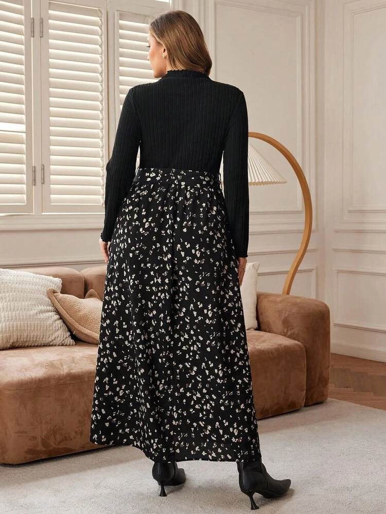 Plus Size Patchwork Ditsy Floral Long Sleeve Casual Dress, ,Flower/Spring/Summer/Vacation