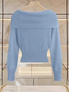 Franclia Sweater Rajut Wanita Minimalis dengan Kerah, Pita, Simpul Pita, Bahu Terbuka, Lengan Panjang, Warna Polos - Biru - View 2