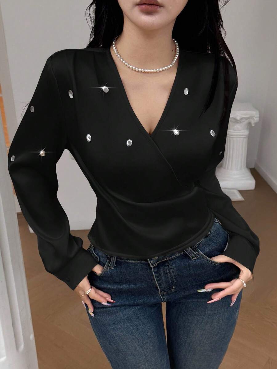 Feyla 女式水钻装饰V领交叉裹身长袖衬衫 - 黑色 - 查看 1