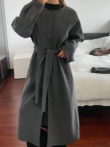 DAZY 女士秋季圆领系腰插肩袖针织毛衣女外套 - 灰色 - 查看 1