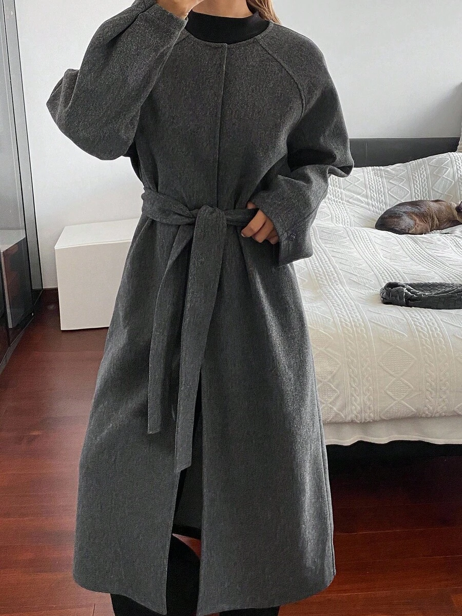 DAZY 女士秋季圆领系腰插肩袖针织毛衣女外套 - 灰色 - 查看 1