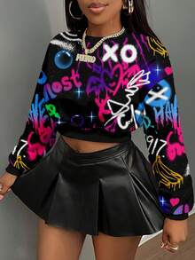 Slaydiva 女士时尚涂鸦印花短款运动衫，秋季 - 彩色 - 查看 5