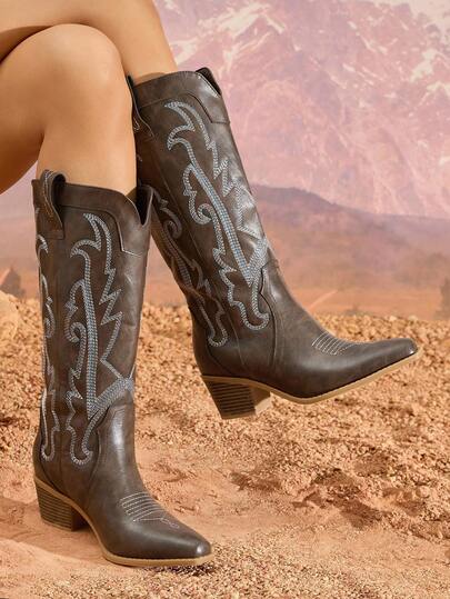 Daringsoles Square Toe Chunky Heel Western Boots, Embroidered Slip-On, Warm & Sexy For Party/Banquet, Women Mid-Calf Riding Boots