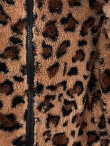 女士拉链抽绳长袖保暖抓绒时尚休闲立领卫衣，豹纹印花秋冬棕色卫衣，秋季，休闲 - 彩色 - 查看 7