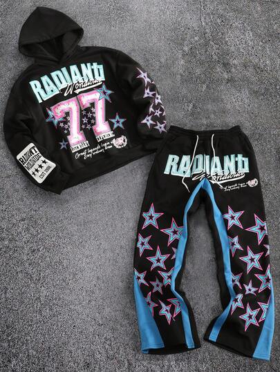 Street Life Men's Casual Loose Letter Graphic Hoodie And Sweatpants Set, Street Style For Autumn