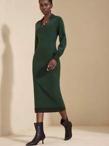 JIAN LASALA 翻领纽扣灯笼长袖优雅毛衣中长连衣裙 女士秋冬装 女士中长连衣裙 带袖中长连衣裙 绿色优雅连衣裙 女士绿色中长连衣裙 绿色连衣裙 奢华时尚服装系列 - 綠色 - 查看 5