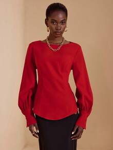 JIAN LASALA Solid Red Boat Neck Bishop Long Sleeves Back Tie Cutout Elegant Top Women Autumn Red Concert Top Backless Red Top Red Backless Top Luxury Stylish Collection - Red - View 5
