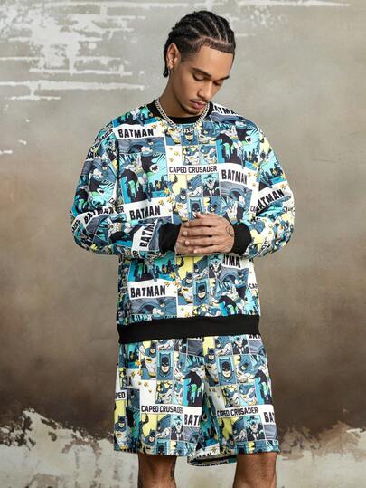 BATMAN X SHEIN 男士休闲时尚街头拼布印花落肩宽松套头衫和短裤套装，春秋