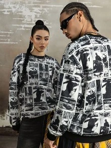 BATMAN X SHEIN 男士休闲时尚街头拼接印花落肩宽松套头卫衣，春秋季长袖上衣 - 黑色 - 查看 2