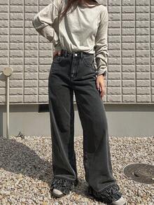 FRIFUL 女士休闲水洗荷叶边阔腿牛仔裤 - 灰色 - 查看 5