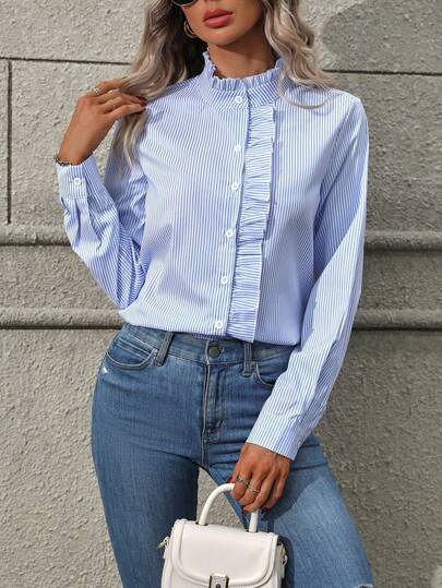 SHEIN PETITE Women's Blue & White Striped Ruffle Collar Open Front Ruffle Hem Fitted High-End Elegant Teacher/Office Wear Blouse, Autumn New Fashion Essential Versatile Long Sleeve Shirt