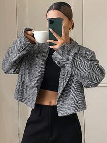 DAZY 女士人字纹面料短翻领修身都市休闲西装外套商务装 - 黑色 - 查看 2