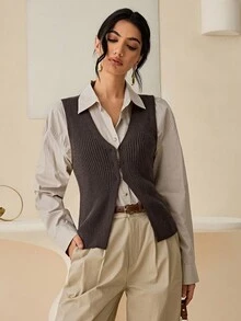 Lyxana 女式时尚纯色单排扣V领针织背心 - 咖啡棕 - 查看 4