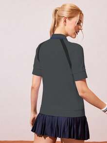Gameset SHEIN Sport Women's Dark Grey Color Block Polo Collar Short Sleeve Sports Top,Summer Casual Golf Tennis Gym Blouse,Athletic Skirt Golf Tops - Grey - View 2