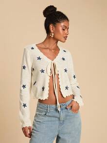 Travachic 女式花卉印花长袖系带休闲针织开衫，秋季