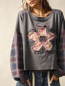 Bohemela Áo cánh tay dài dáng rộng cổ tròn, hở vai, đan vá thông thường dành cho nữ - Nhiều màu - Xem 2