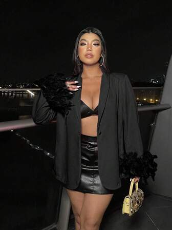 NU&NOW Plus Size Solid Color Feather Patchwork Blazer Vegas Night Curve Baddie Black Club Black Sexy Sexy Nightclub Party Party Gathering Dance Date Dinner Party Banquet Blazer