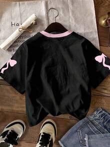 SHEIN Leap Crew Sweet Bow & 28 Numeral Graphic Tween Girls Casual Minimalist Short Sleeve Round Neck T-Shirt, Suitable For Summer - Multicolor - View 3
