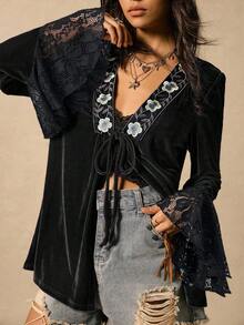 SHEIN EZwear 大码女式黑色蕾丝长袖衬衫，秋冬款 - 黑色 - 查看 1