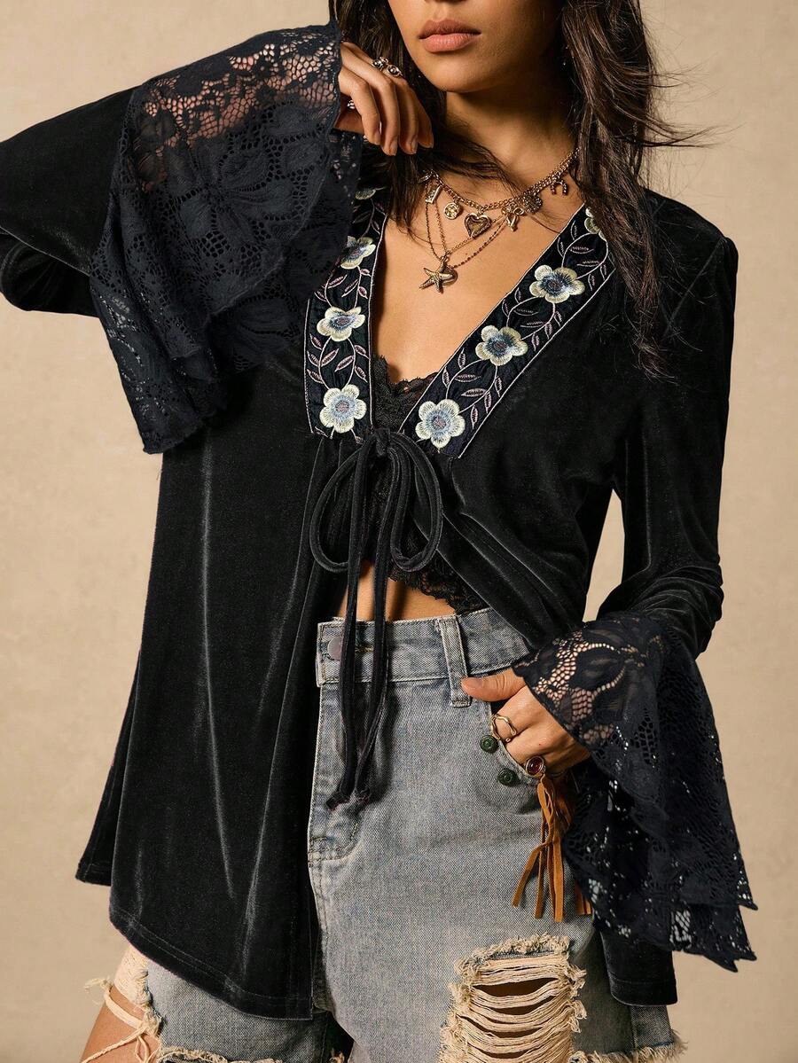 SHEIN EZwear 大码女式黑色蕾丝长袖衬衫，秋冬款 - 黑色 - 查看 1