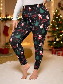 SHEIN Essnce Plus Size Women's Autumn And Winter Fashion Casual High Elastic Comfortable Santa Claus Print Black Leggings With Pockets, Festival Clothes,Curve Pants,Fall Outfits,Christmas Outfit For Women Plus Size Christmas Leggings Christmas Outfit Women