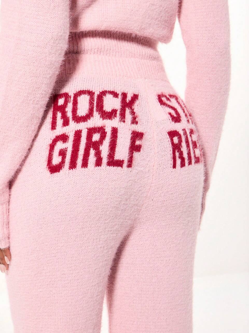 SUMWON Fuzzy Knit Wide Leg Pants With Star Patch And Rock Star Girlfriend Text Fall Winter Cozy Loungewear For Casual Holiday Wear