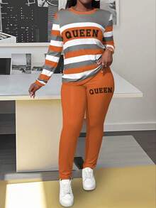 BamGleam Conjunto de 2 peças de blusa e calça de manga comprida com estampa de gola redonda listrada feminina, outono