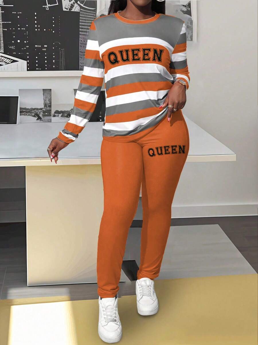 BamGleam Conjunto de 2 peças de blusa e calça de manga comprida com estampa de gola redonda listrada feminina, outono