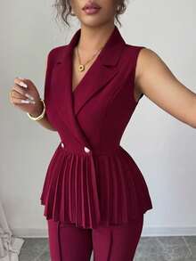 SHEIN PETITE 小巧无袖褶皱腰A字优雅浪漫精致女士西装套装 - 酒紅色 - 查看 5