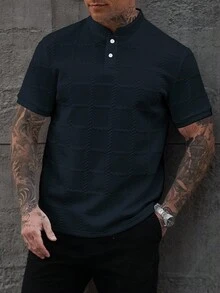 Manfinity Homme 男士纯色休闲立领短袖 Polo 衫 男士纽扣针织 Polo 衫 男士 Polo 衫 男士高尔夫球衫 男士针织衬衫 男装 - 藏蓝色 - 查看 7