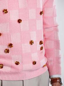 Manfinity Homme Maglione a girocollo da uomo in maglia con design a quadri, fiori e blocchi di colore con paillettes, stile blogger