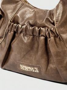 SHEIN BAE Versione coreana, Borsa da donna semplice e di nicchia, colore nero tinta unita, texture vintage, nuova moda autunno e inverno, borsa casual versatile per pendolarismo e viaggi, ampia capacità, borsa a spalla