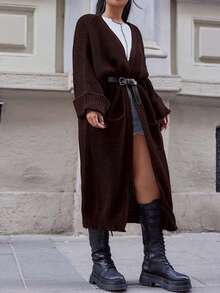 SHEIN Cottnline Plus Size Casual Solid Color Batwing Sleeve Long Cardigan, Autumn/Winter - Coklat - View 5