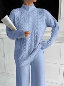 EURMUSE Women High Neck Sweater And Maxi Sweater Skirt 2 Two Pieces Set Co-Ords - Baby Blue - View 3