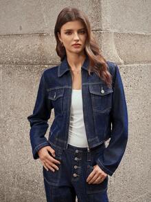 Selenza 女式复古时尚休闲拉链短款牛仔夹克 - 深色水洗藍 - 查看 3