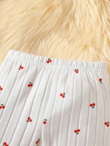 SHEIN Recién nacido bebé niña blanco a rayas de punto con estampado de cereza de dibujos animados, cuello de loto, top de manga larga a juego con pantalones, tela suave, cómoda y elegante, adecuada para actividades en el hogar y al aire libre - Blanco - Ver 8