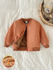 SHEIN 1 件男童休闲驼色拉链夹克，棒球领长袖保暖外套，秋冬实用款式 - 駝色 - 查看 1