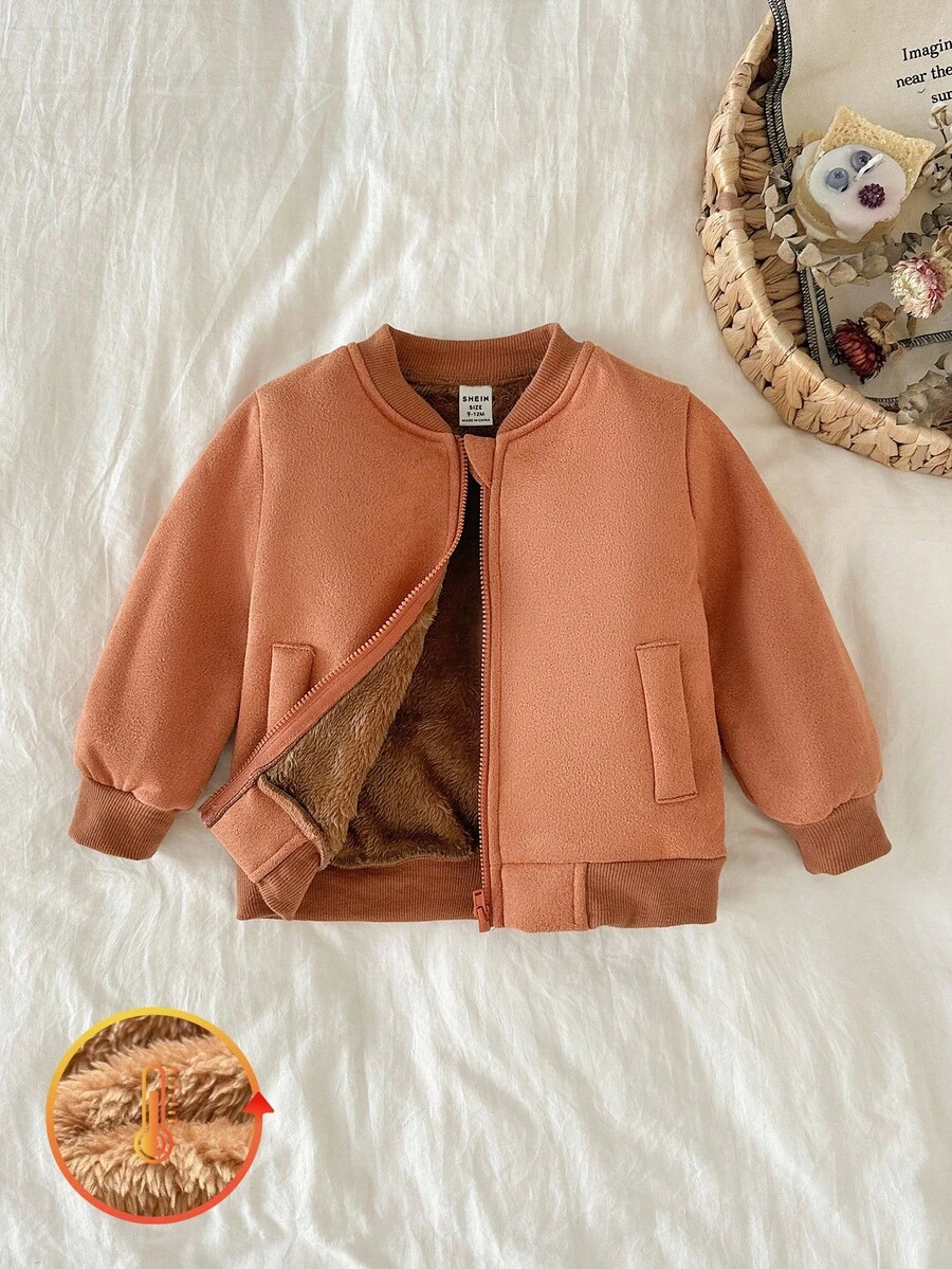 SHEIN 1 件男童休闲驼色拉链夹克，棒球领长袖保暖外套，秋冬实用款式 - 駝色 - 查看 1