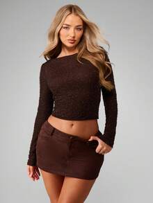 MISSGUIDED Sparkly Long Sleeve Crop Top Holiday Party Evening Glitter Clubwear Textured Fall Winter Evening Scoop Neck Form Fitting Top