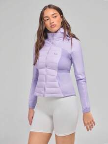 SHEIN Unity 女士休闲拼布连帽夹克，秋冬 - 紫色 - 查看 5