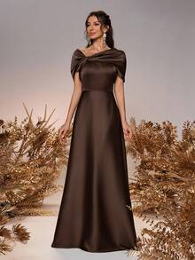 SHEIN Belle 女士优雅浪漫灰绿色缎面露肩扭结不对称蝴蝶结 A 字正式伴娘礼服，适合婚礼活动