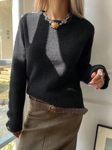 DAZY Women's Casual Solid Color Button Decorated Sweater, Autumn - Black - View 4