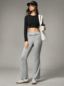 Hanevo Women's Autumn/Winter Casual Sports Yoga Twist Flare Pants - Grey - View 3