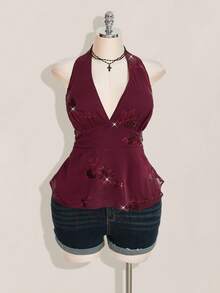 SHEIN ICON 大码女式性感V领串珠刺绣喇叭下摆吊带背心，酒红色 - 酒紅色 - 查看 3