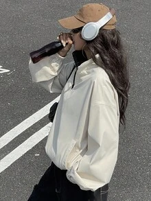 DAZY 女式秋季休闲拉链撞色运动夹克 - 杏色 - 查看 4