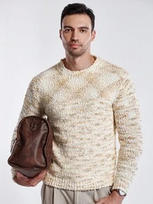Manfinity CityGents Men Pullover Sweater,Beige Autumn Casual Vacation Fashionable Textured Floral Mesh Design Furry Sweater For Couples,Gift Idea For Husband Boyfriend - Multicolor - View 1