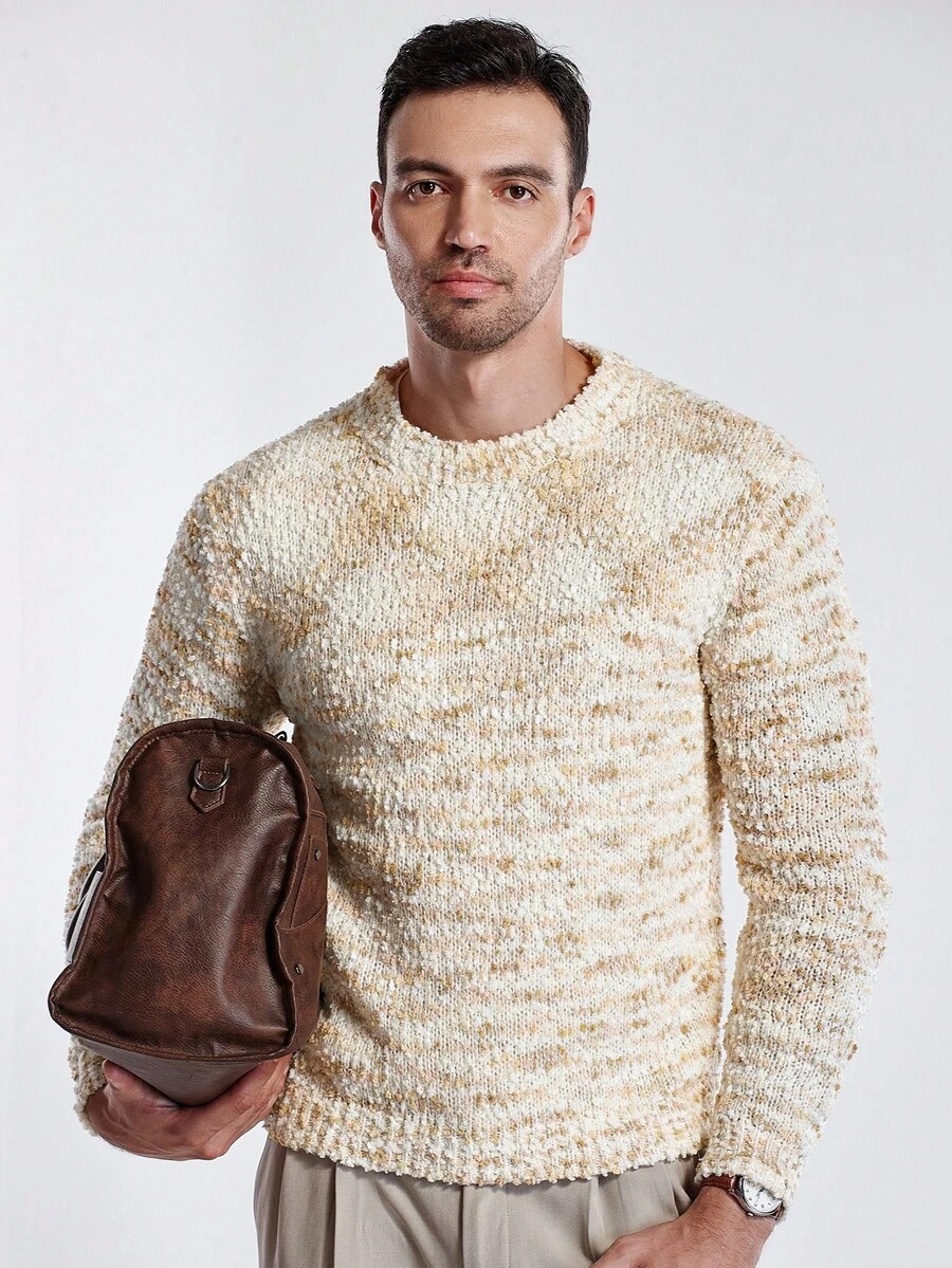 Manfinity CityGents Men Pullover Sweater,Beige Autumn Casual Vacation Fashionable Textured Floral Mesh Design Furry Sweater For Couples,Gift Idea For Husband Boyfriend - Multicolor - View 1