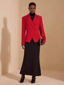 JIAN LASALA 翻领V领长袖修身红色西装外套，秋冬优雅休闲红色西装外套，女士红色套装，奢华时尚服装系列 - 紅色 - 查看 5